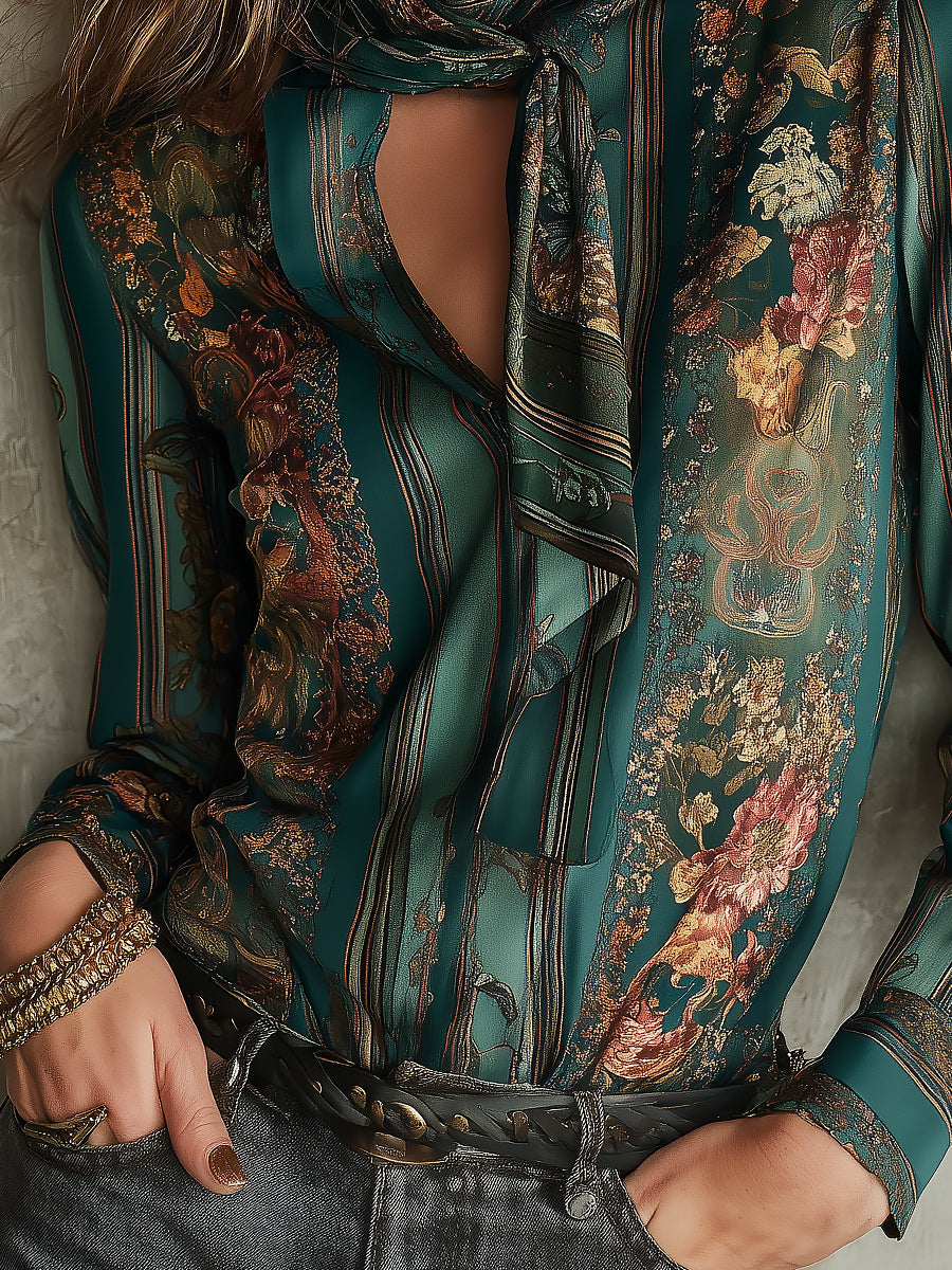 Vintage Luxury Floral Print Satin Blouse With A Tie-neck Detail
