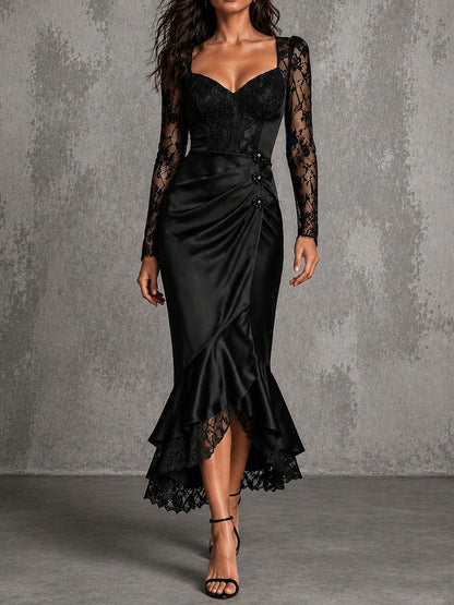 Elegant Black Lace Satin Sweetheart Ruched Mermaid Midi Dress