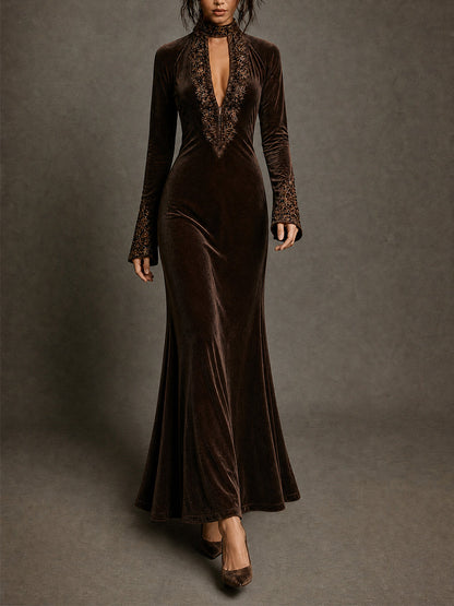 Brown Velvet Deep V Embellished Maxi Dress