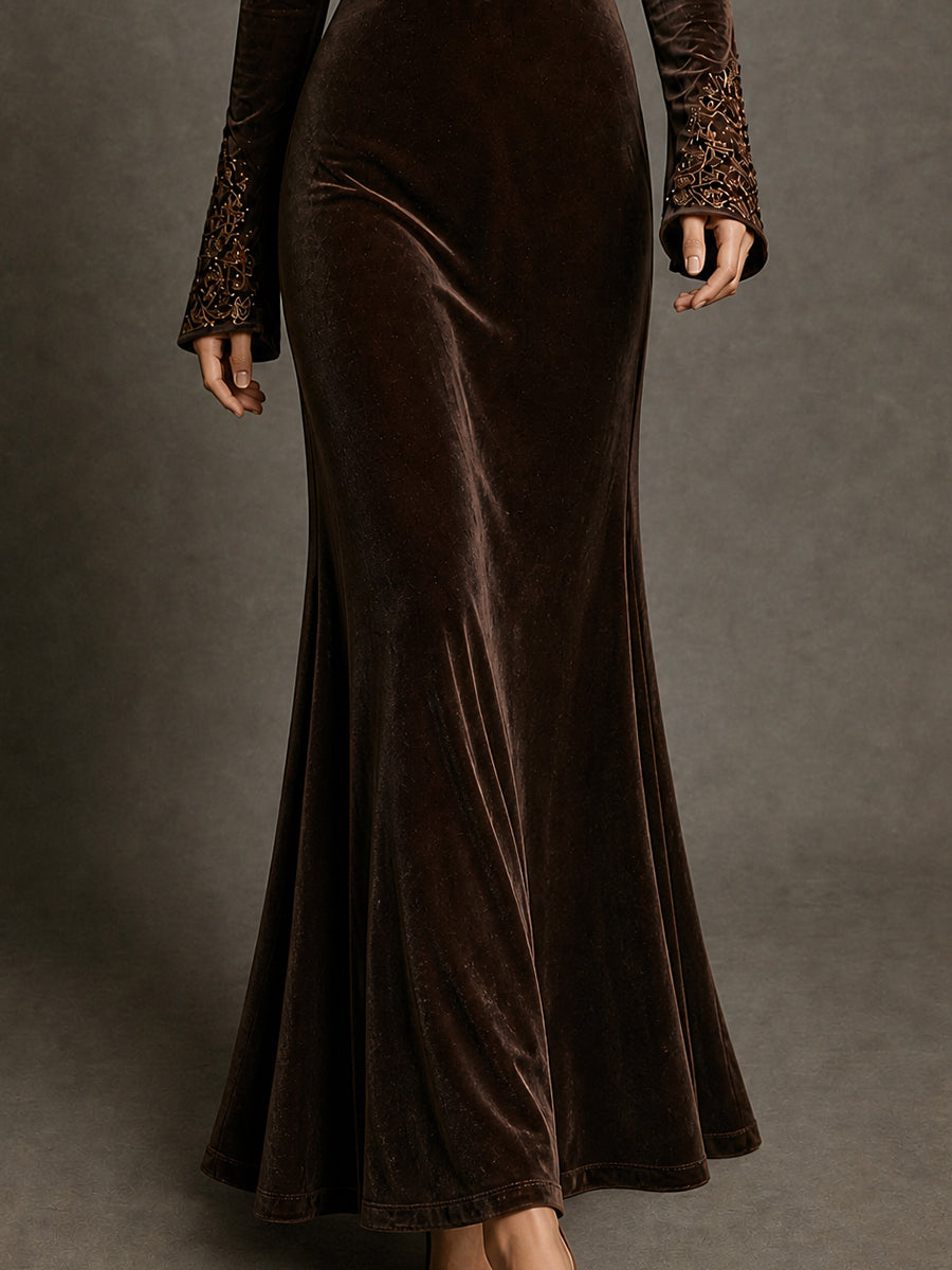 Brown Velvet Deep V Embellished Maxi Dress