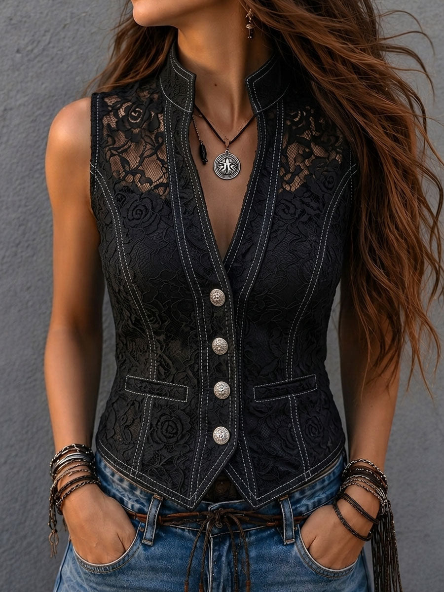 Vintage Lace Contrast Stitch Stand Collar Fitted Waistcoat