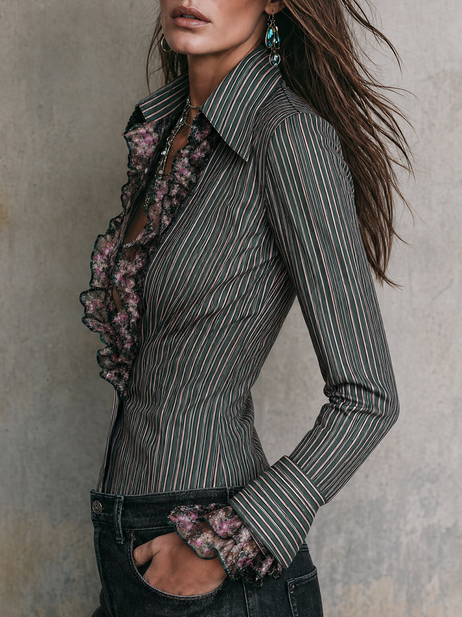 Retro Striped Long Sleeve Blouse with Floral Ruffled Trim
