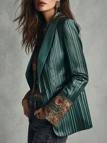 Retro Striped Satin Blazer With Lapel Collar