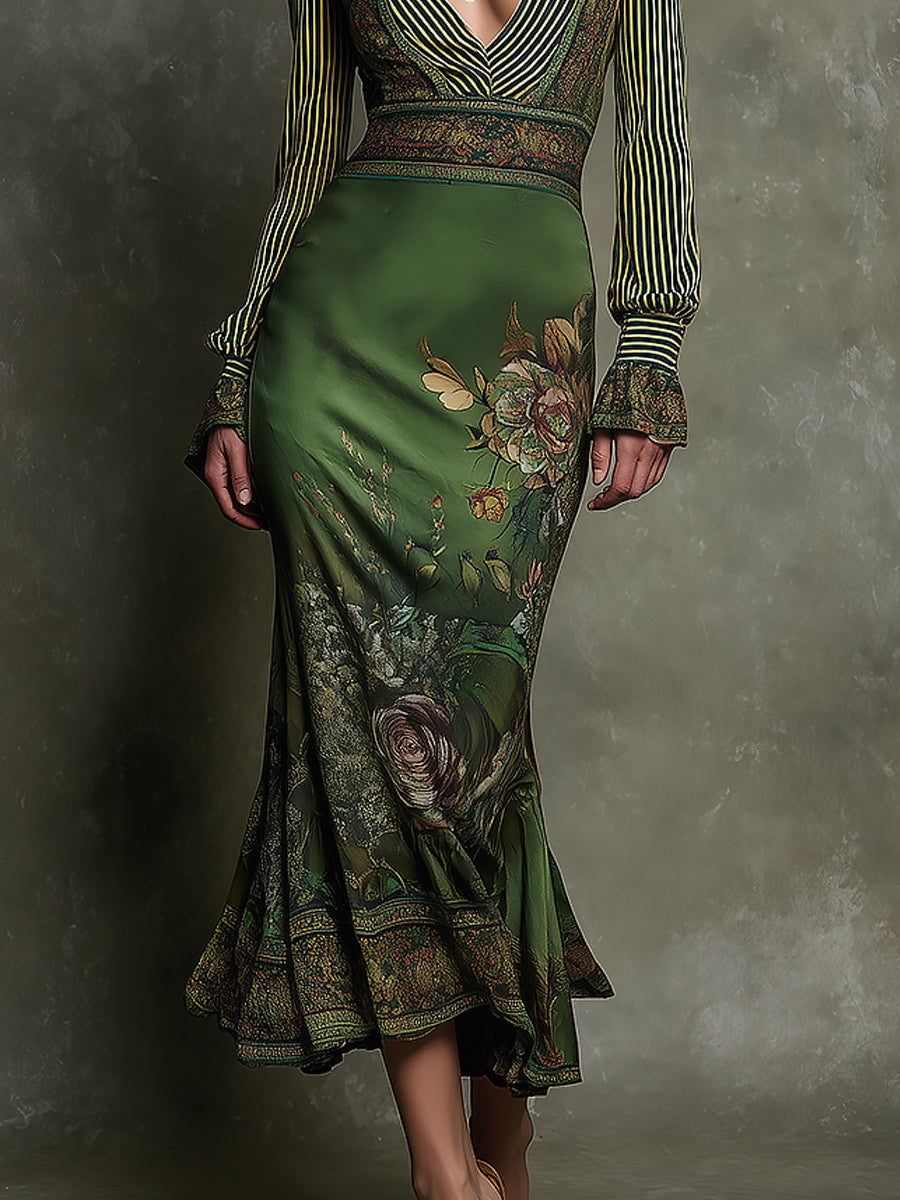 Retro V-Neck Striped Sleeves Floral Print Fishtail Hem Maxi Dress
