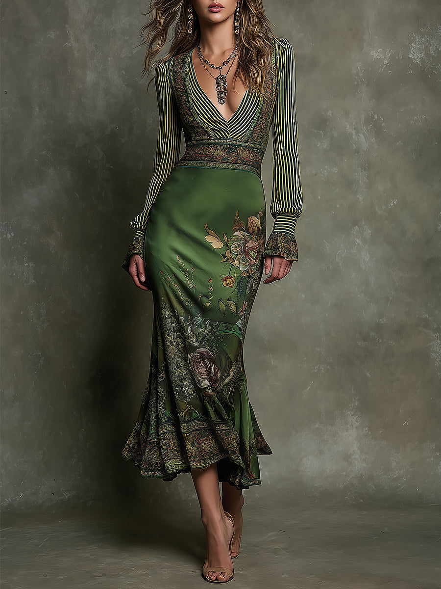Retro V-Neck Striped Sleeves Floral Print Fishtail Hem Maxi Dress