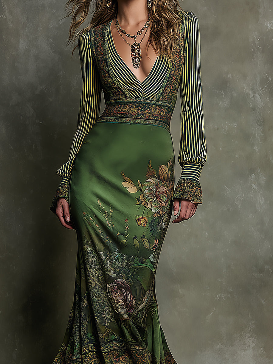 Retro V-Neck Striped Sleeves Floral Print Fishtail Hem Maxi Dress