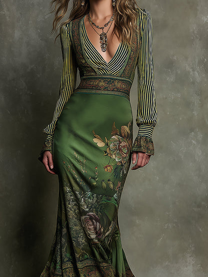 Retro V-Neck Striped Sleeves Floral Print Fishtail Hem Maxi Dress