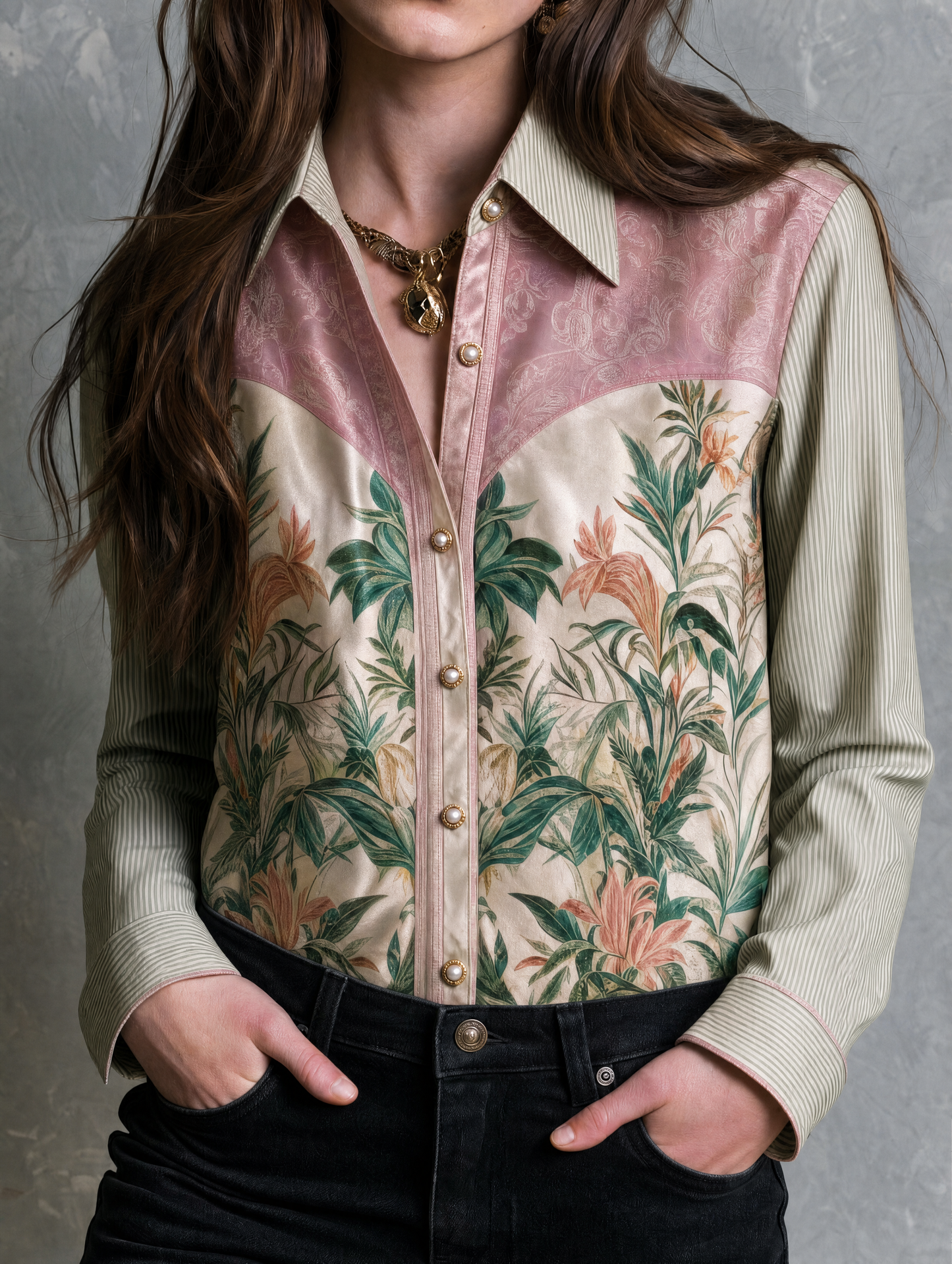 Vintage Jungle Leopard Floral Patchwork Striped Collar Button Shirt
