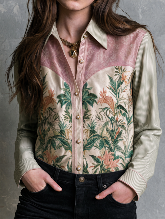 Vintage Jungle Leopard Floral Patchwork Striped Collar Button Shirt