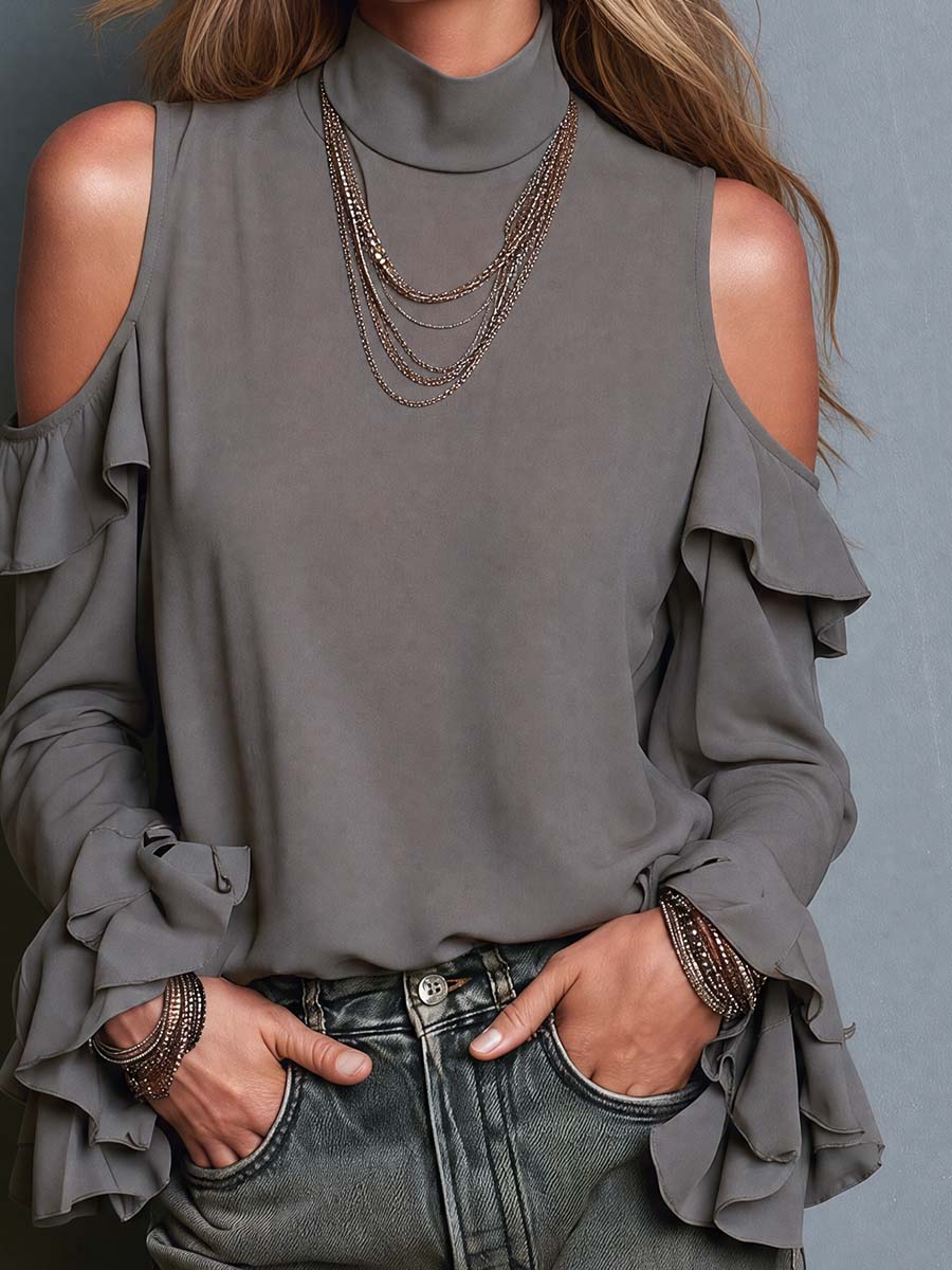 Cold Shoulder Ruffle Sleeve Mock Neck Blouse