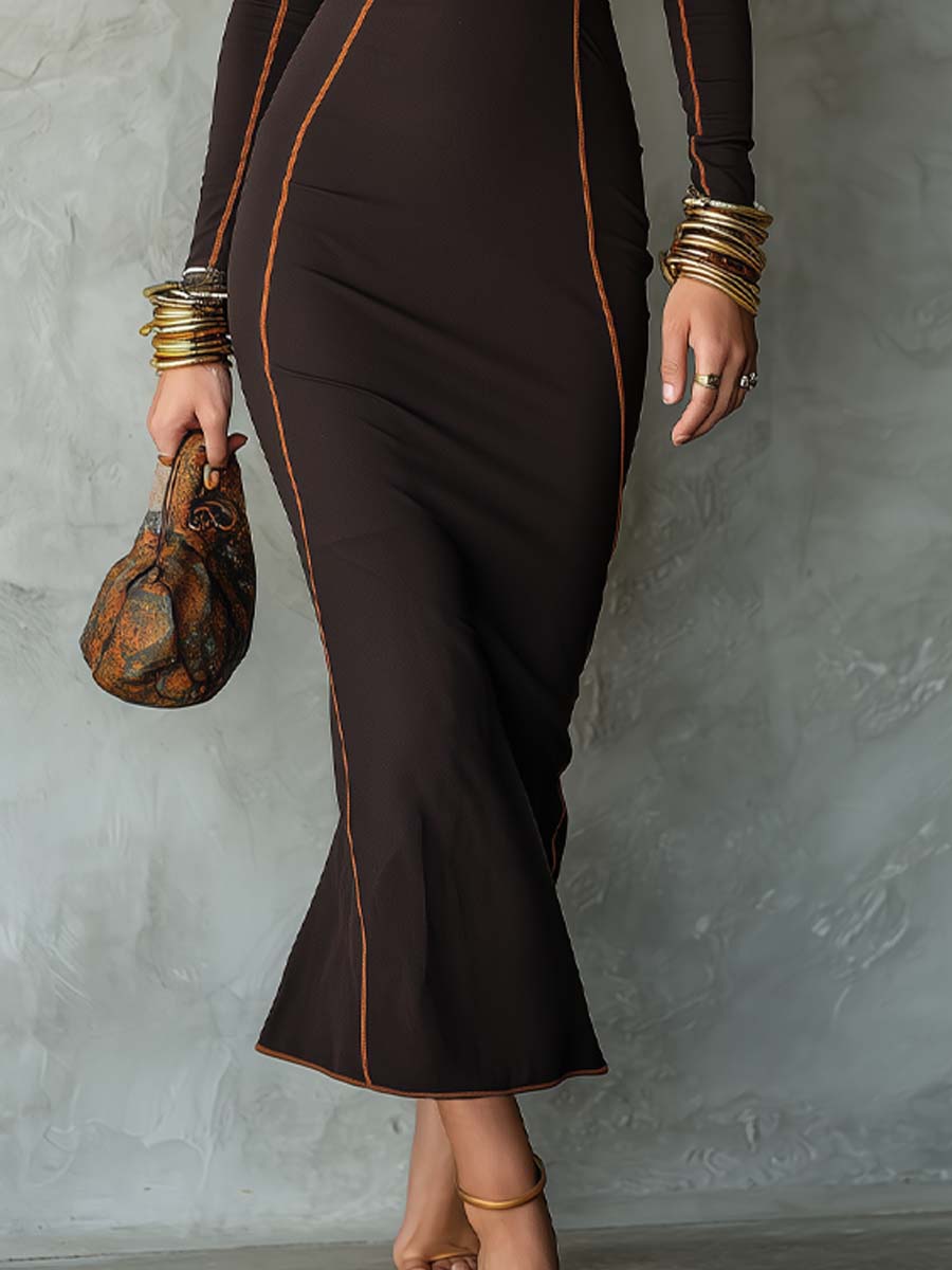 Retro Contrast Trim Flared Hem Midi Dress