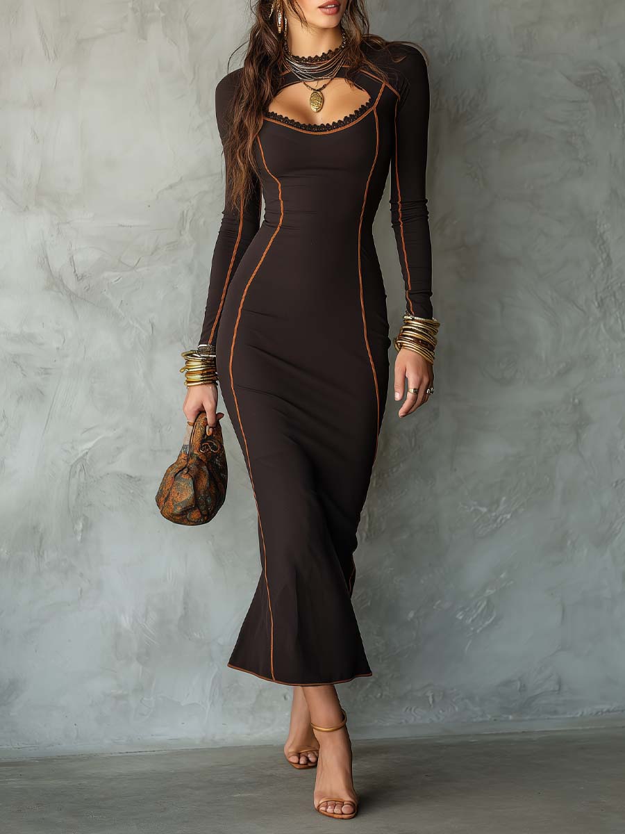 Retro Contrast Trim Flared Hem Midi Dress