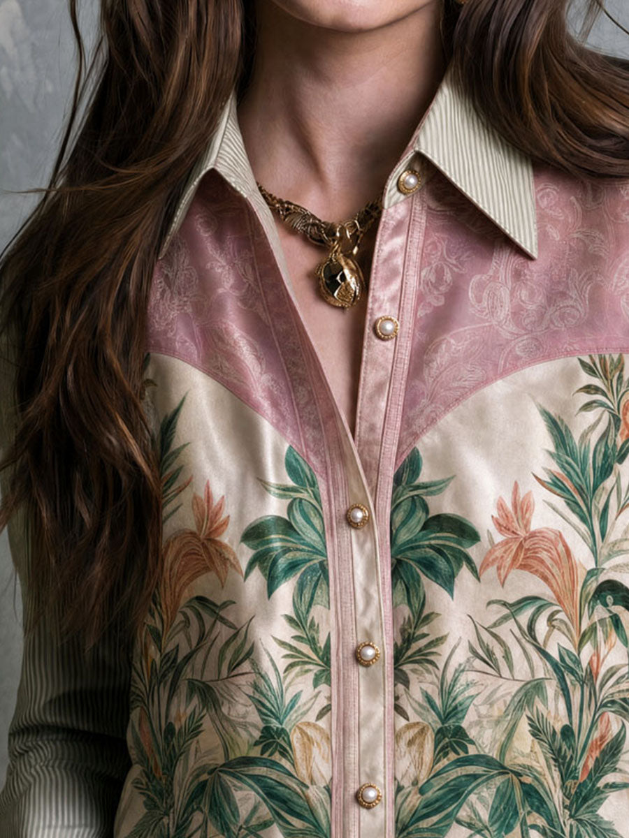 Vintage Jungle Leopard Floral Patchwork Striped Collar Button Shirt