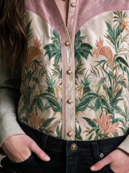 Vintage Jungle Leopard Floral Patchwork Striped Collar Button Shirt
