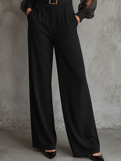 Elegant Black Lapel Sheer Puff Sleeve Wide Leg Jumpsuit