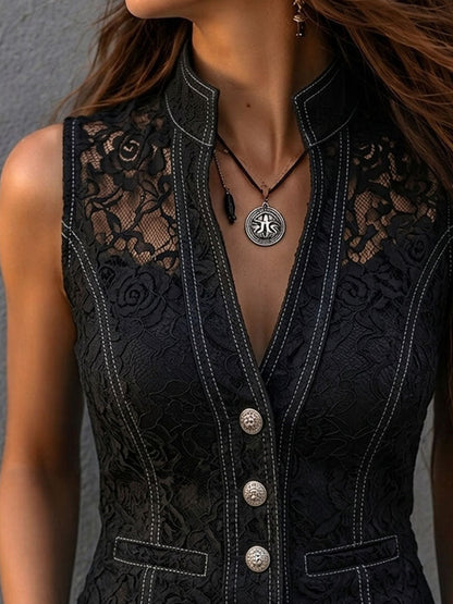 Vintage Lace Contrast Stitch Stand Collar Fitted Waistcoat