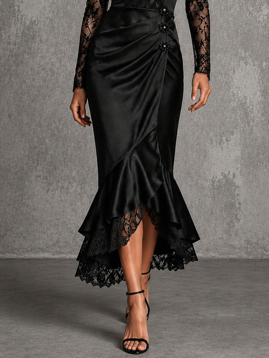 Elegant Black Lace Satin Sweetheart Ruched Mermaid Midi Dress