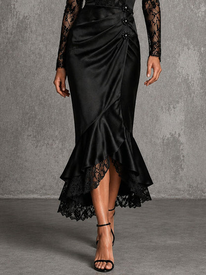 Elegant Black Lace Satin Sweetheart Ruched Mermaid Midi Dress