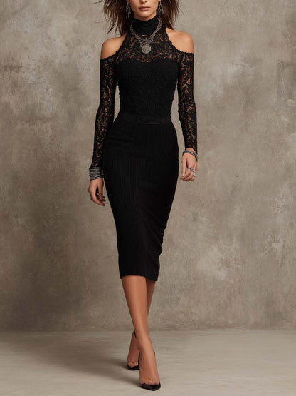Cold Shoulder High Neck Floral Lace Vertical Rib Knit Patchwork Midi Bodycon Dress