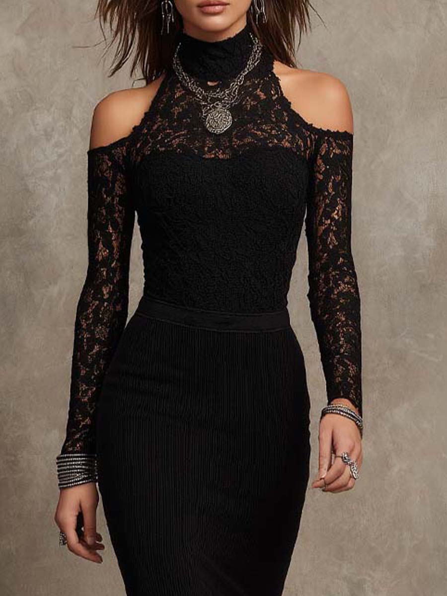 Cold Shoulder High Neck Floral Lace Vertical Rib Knit Patchwork Midi Bodycon Dress