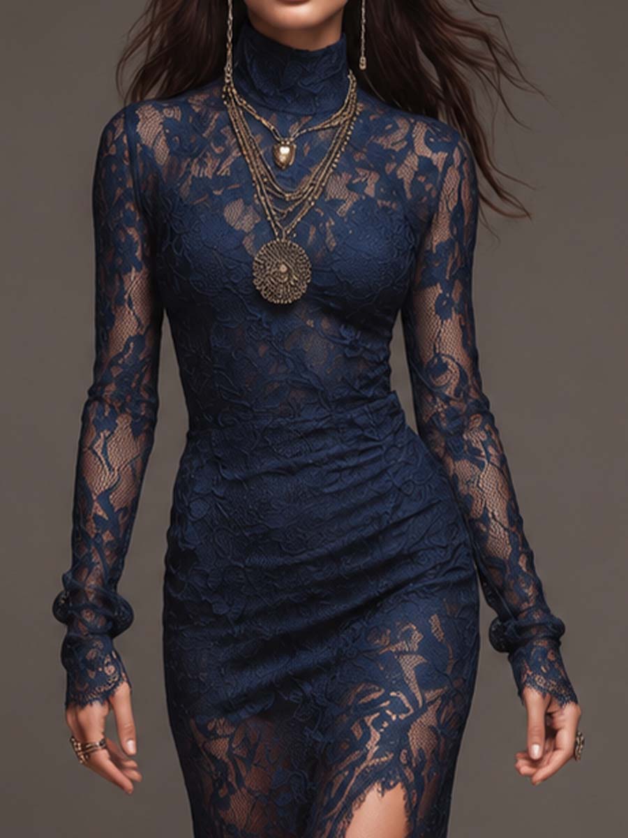 Romantic Bohemian High Neck Long Sleeve Ruched Side High Slit Scalloped Floral Lace Midi Bodycon Dress