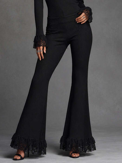 Half Button Lace Trim Rib Knit Long Sleeve Top Lace Hem Flare Pants Knit Two Piece Outfit