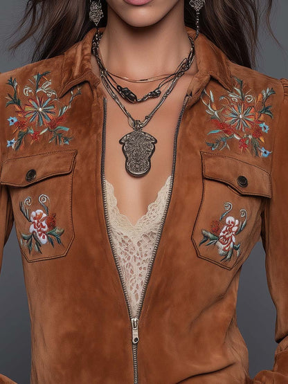 Vintage Floral Embroidered Zip Front Pocket Collared Cropped Faux Suede Jacket