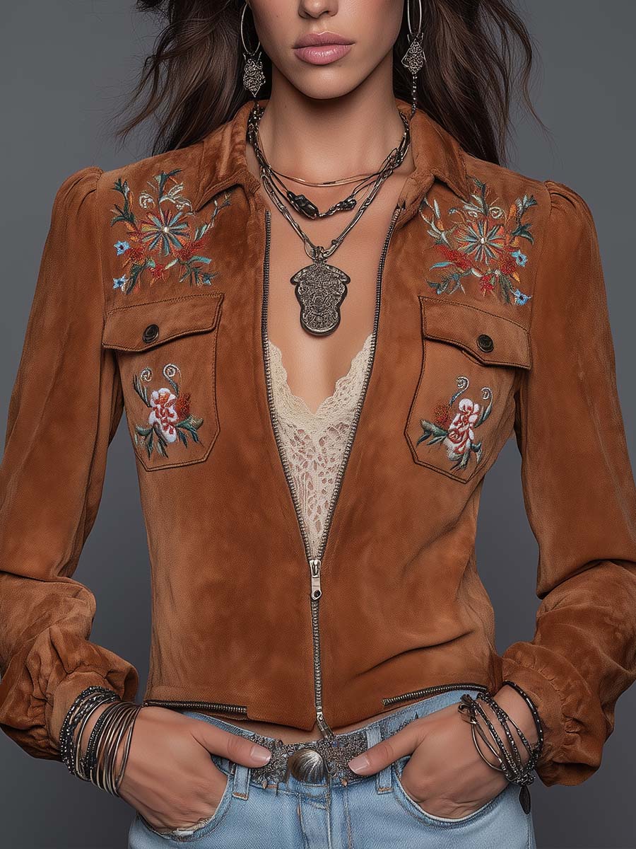 Vintage Floral Embroidered Zip Front Pocket Collared Cropped Faux Suede Jacket