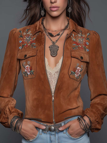 Vintage Floral Embroidered Zip Front Pocket Collared Cropped Faux Suede Jacket