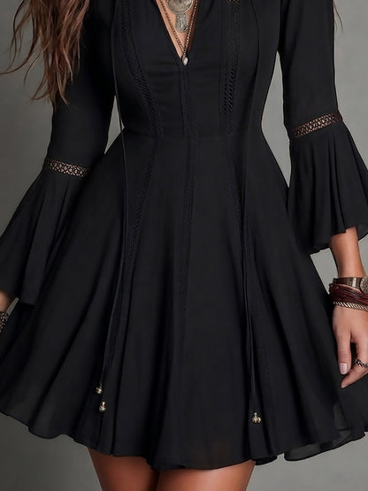 Vintage-style Tie-neck A-line Mini Dress With Cutout Lace Trim
