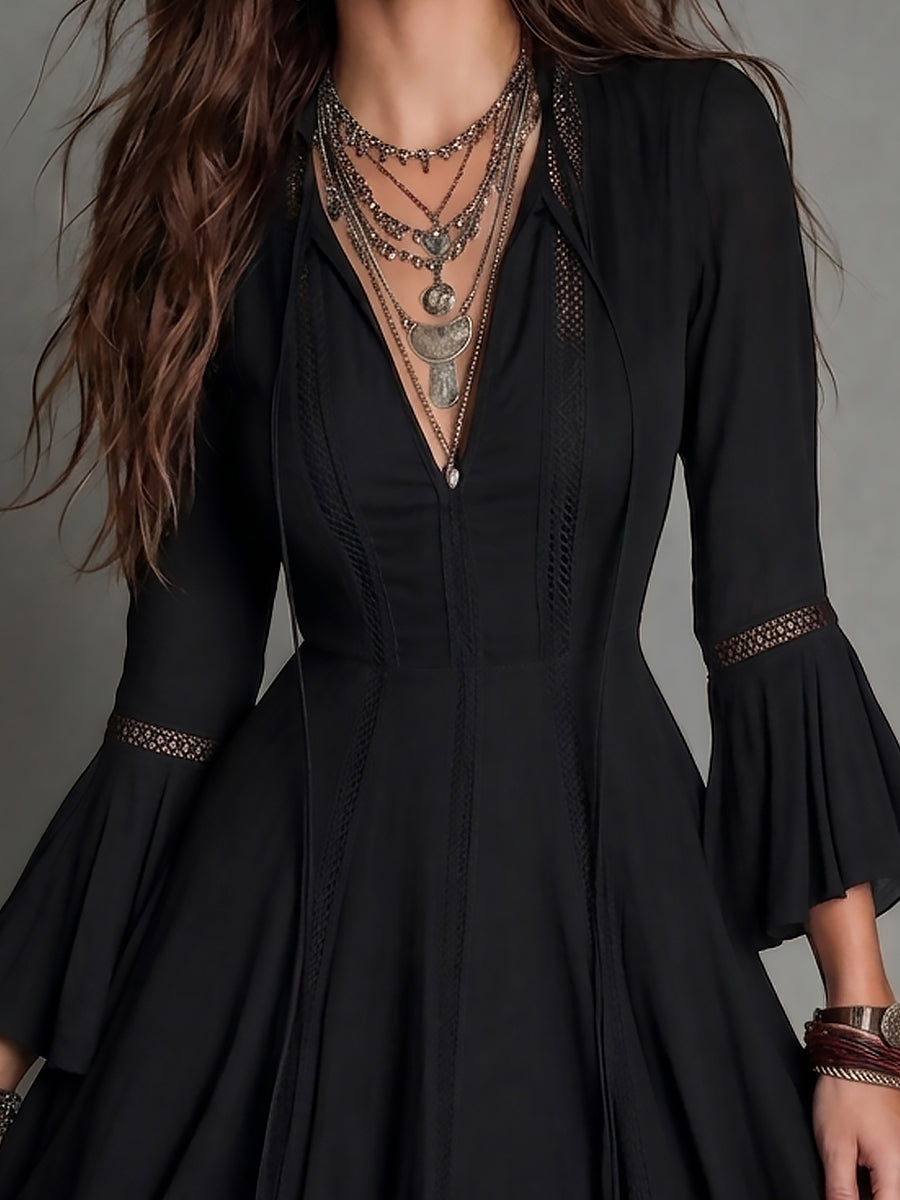 Vintage-style Tie-neck A-line Mini Dress With Cutout Lace Trim