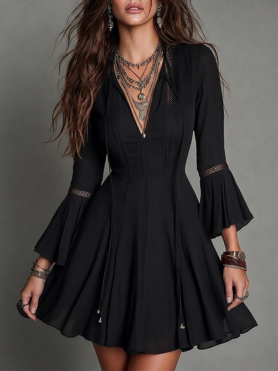 Vintage-style Tie-neck A-line Mini Dress With Cutout Lace Trim