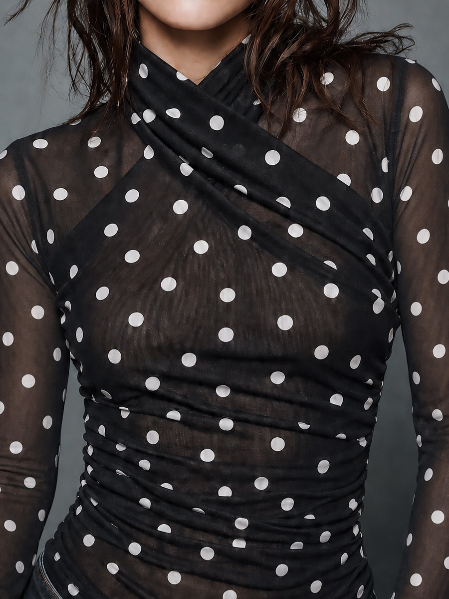 Double-Layer Mesh Slim-fit Long-sleeve Polka-dot T-shirt