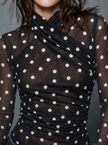 Double-Layer Mesh Slim-fit Long-sleeve Polka-dot T-shirt