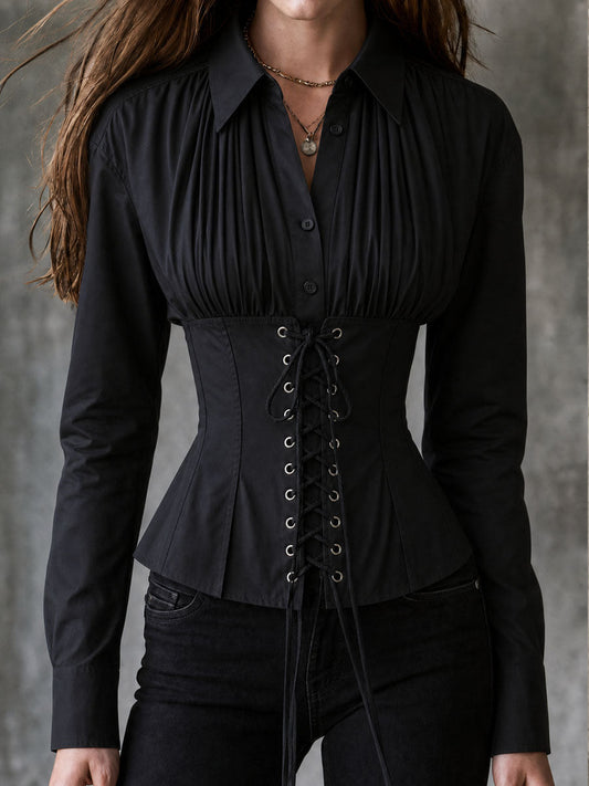 Vintage Black Collar Pleated Front Lace-Up Corset Shirt