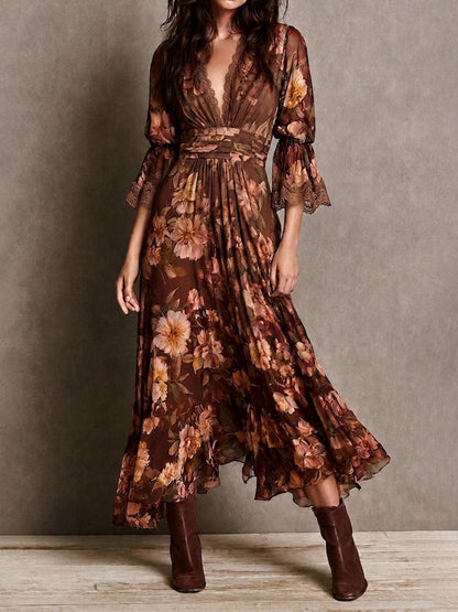 Vintage Floral Lace Trim V-Neck Bell Sleeve Waisted Midi Dress