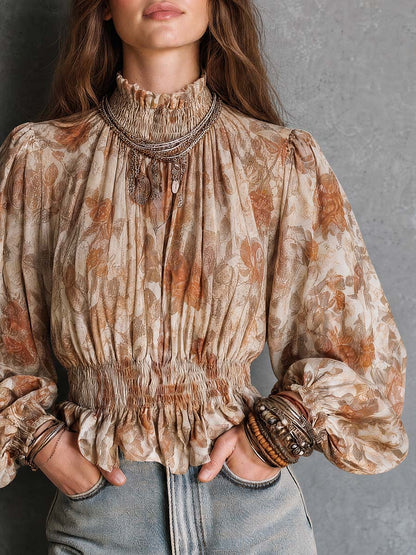 Boho Floral Smocked Waist Bishop Sleeve Blouse