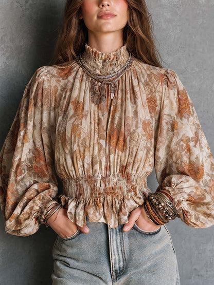 Boho Floral Smocked Waist Bishop Sleeve Blouse