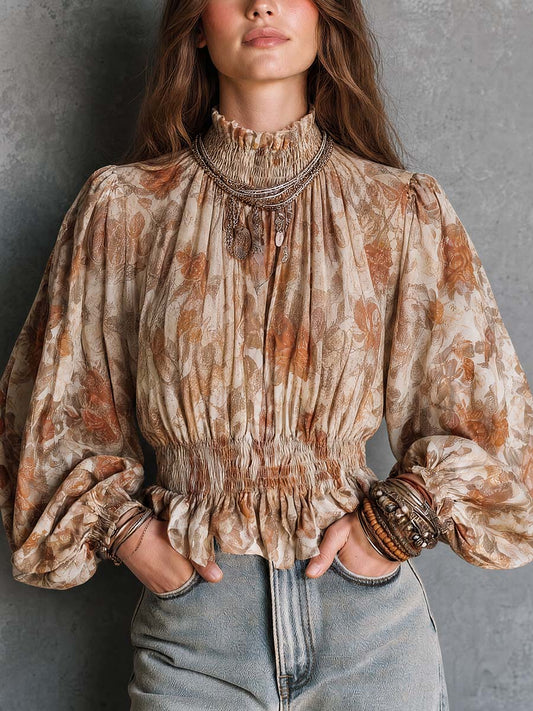Boho Floral Smocked Waist Bishop Sleeve Blouse