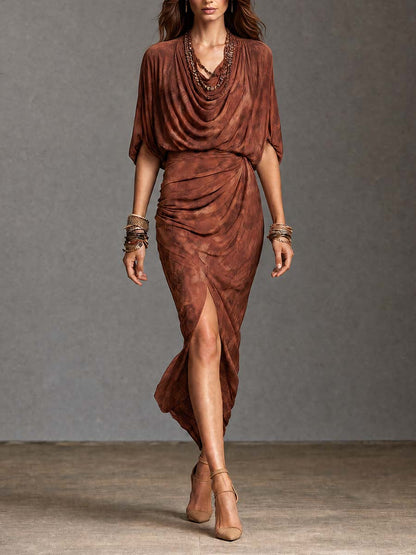 Boho Brown Draped Cowl Neck High Slit Midi Dress