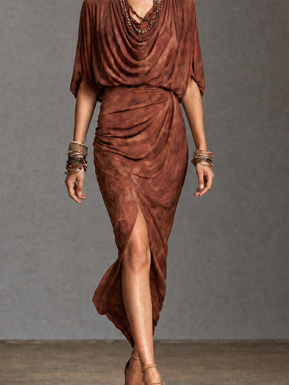Boho Brown Draped Cowl Neck High Slit Midi Dress