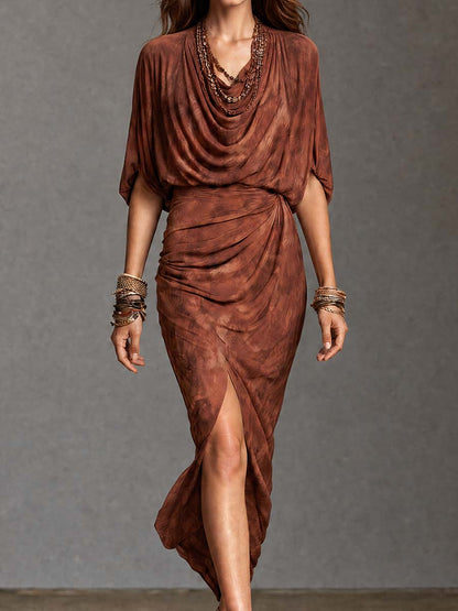Boho Brown Draped Cowl Neck High Slit Midi Dress