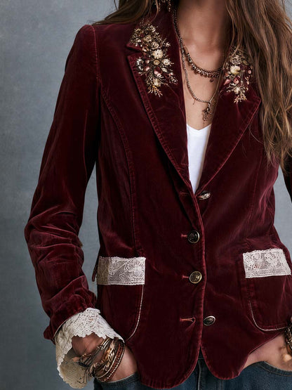 Boho Burgundy Floral Embroidered Lace Trim Blazer