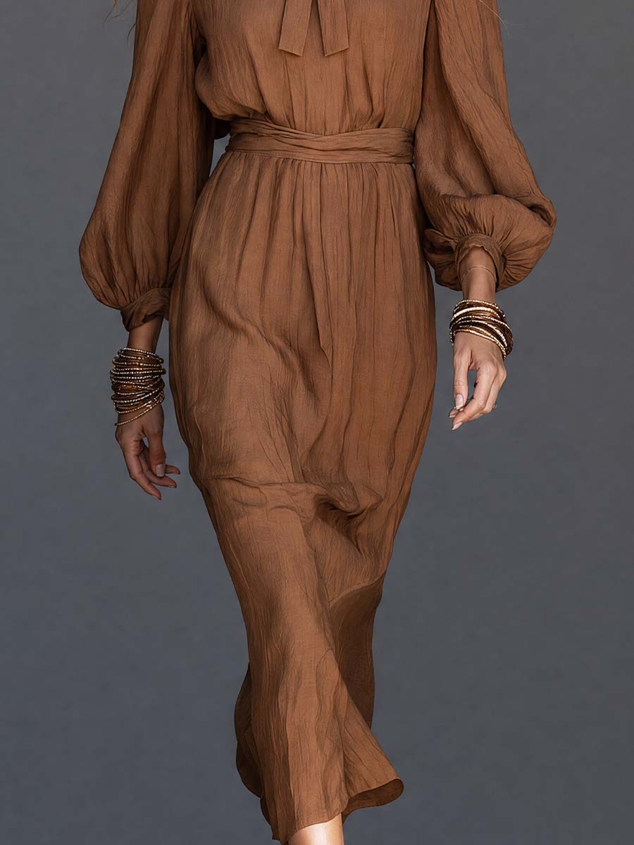 Boho Brown Tie-Neck Bishop Sleeve Belted Midi Dress