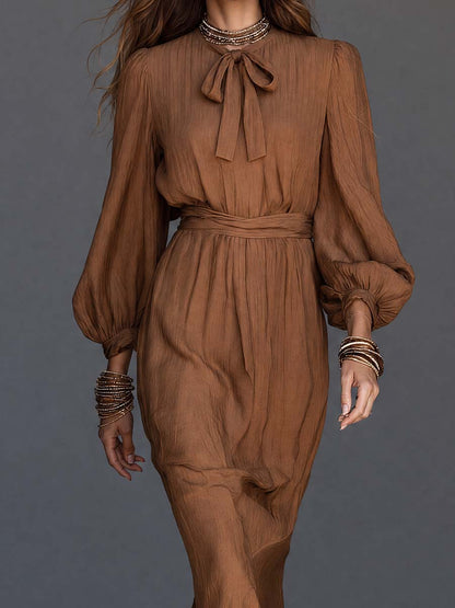 Boho Brown Tie-Neck Bishop Sleeve Belted Midi Dress