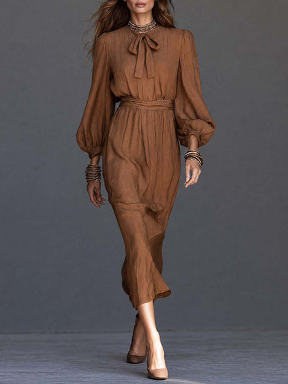 Boho Brown Tie-Neck Bishop Sleeve Belted Midi Dress