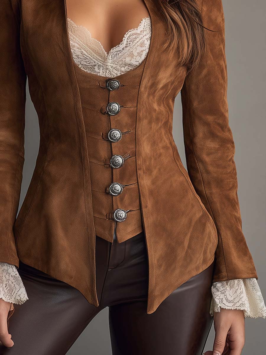 Vintage Buttons Polyester Suede Jacket