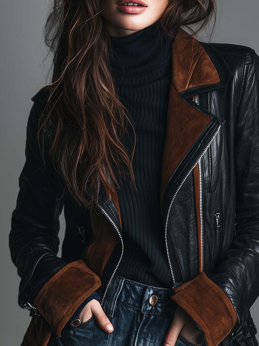 Retro Contrast Trim Faux Leather Motorcycle Jacket
