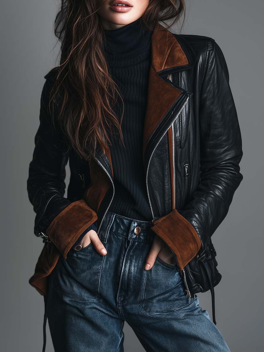 Retro Contrast Trim Faux Leather Motorcycle Jacket