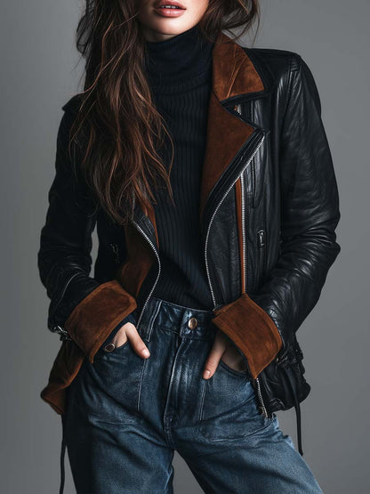 Retro Contrast Trim Faux Leather Motorcycle Jacket